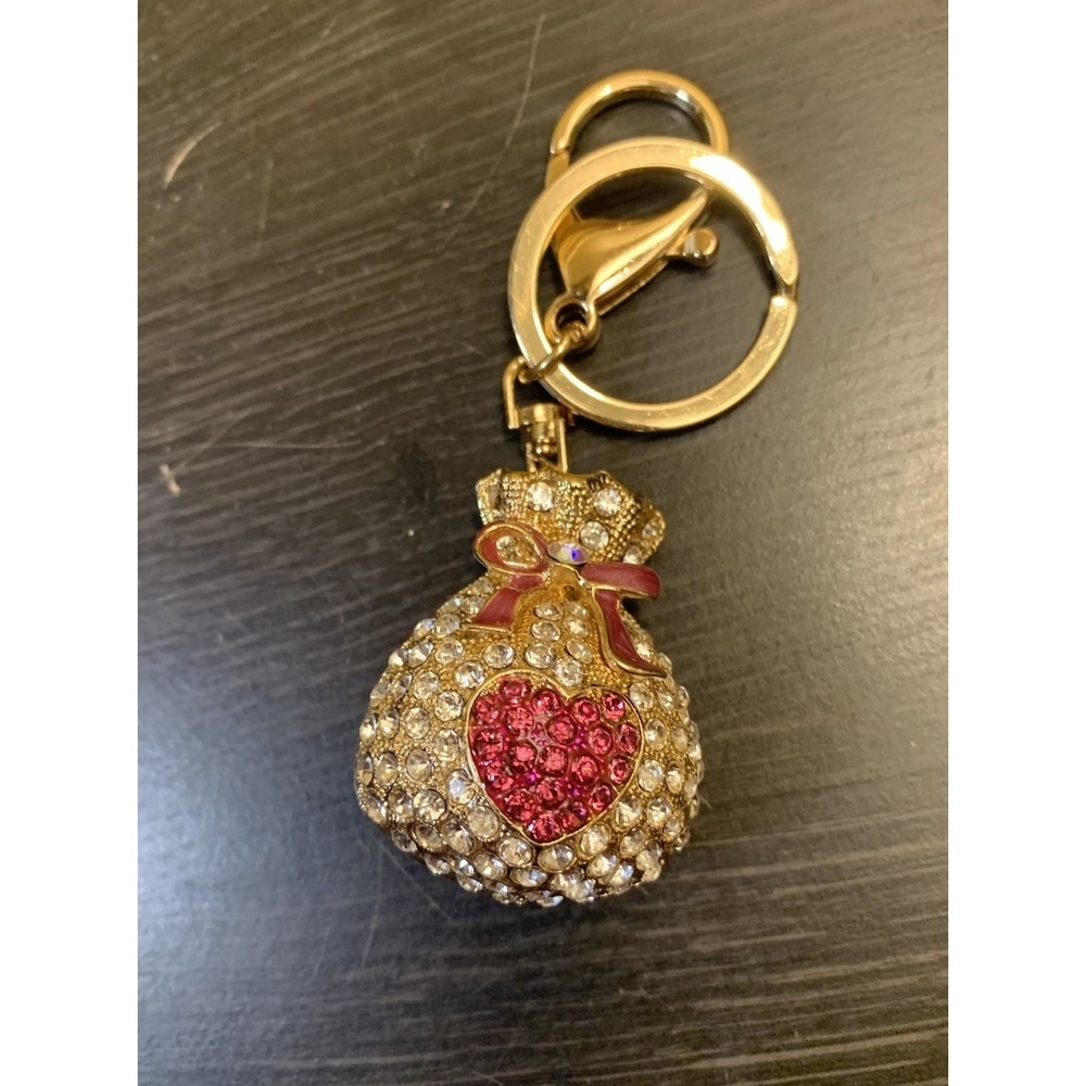 Money Bag Heart Keychain Bejeweled Rhinestone Purse Jewelry Bling Clip Key Ring